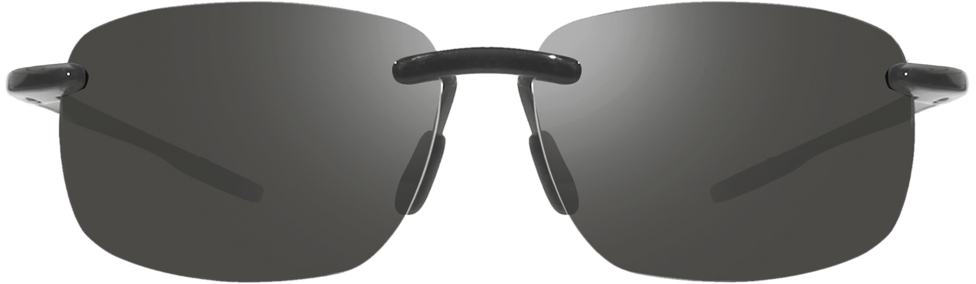 A pair of rimless sunglasses with lenses that are gray in color.