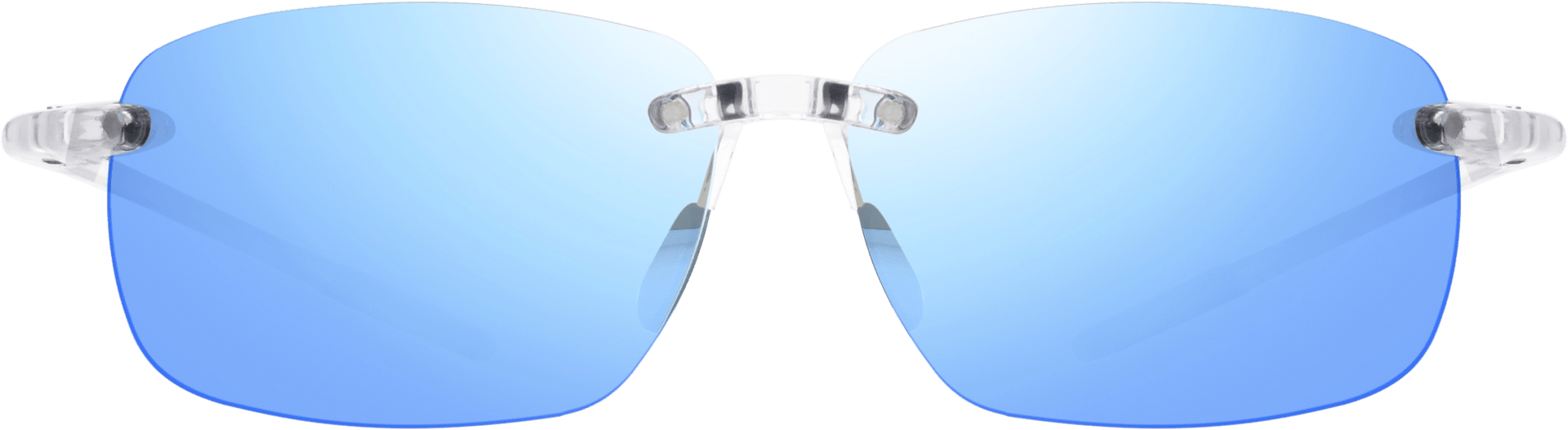 A pair of rimless sunglasses with photochromic lenses that are blue in color.