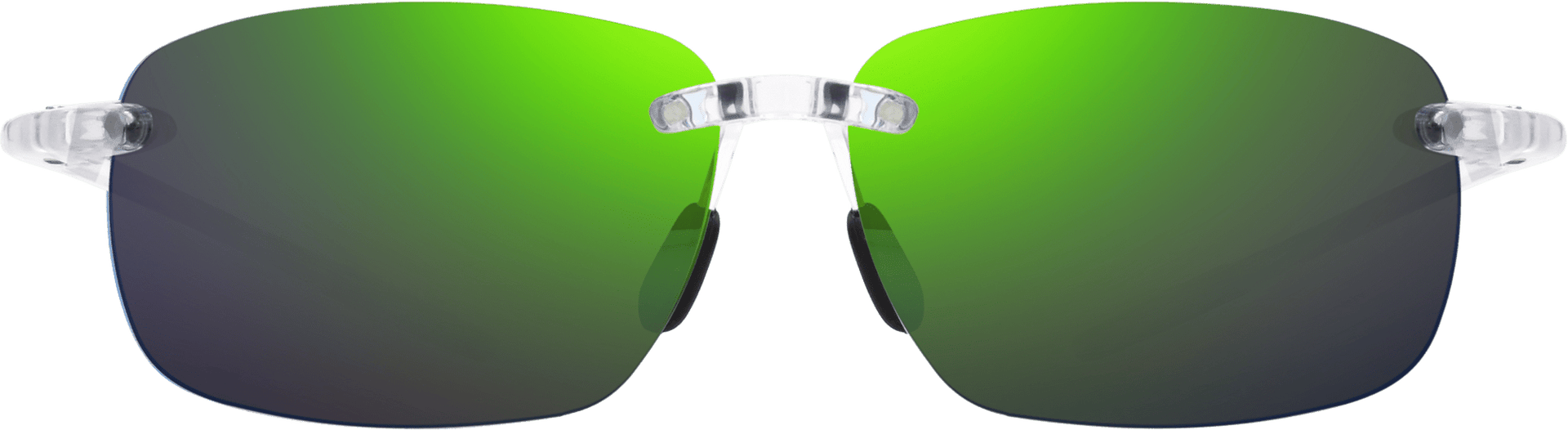 A pair of rimless sunglasses with photochromic lenses that are green in color.