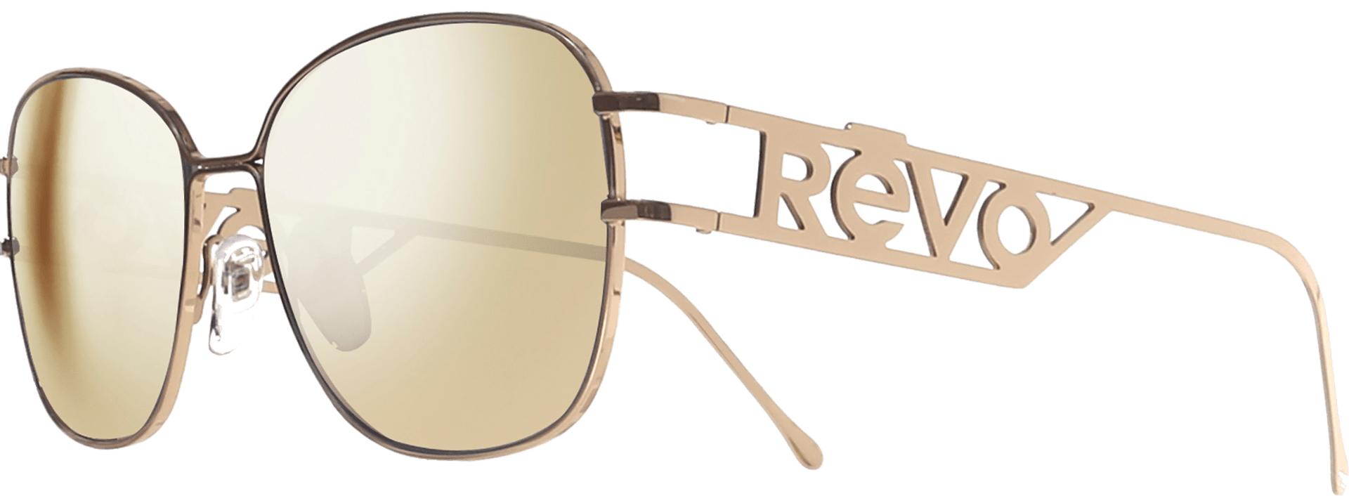 Side view of Air 4 Gold/Champagne sunglasses with REVO spelled out on the side of the frame.