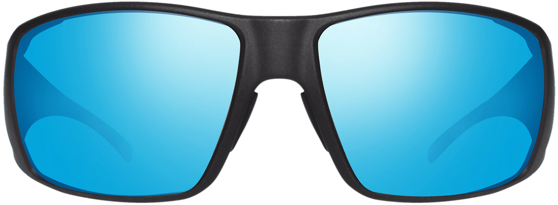 A pair of black framed sunglasses with blue mirrored lenses.