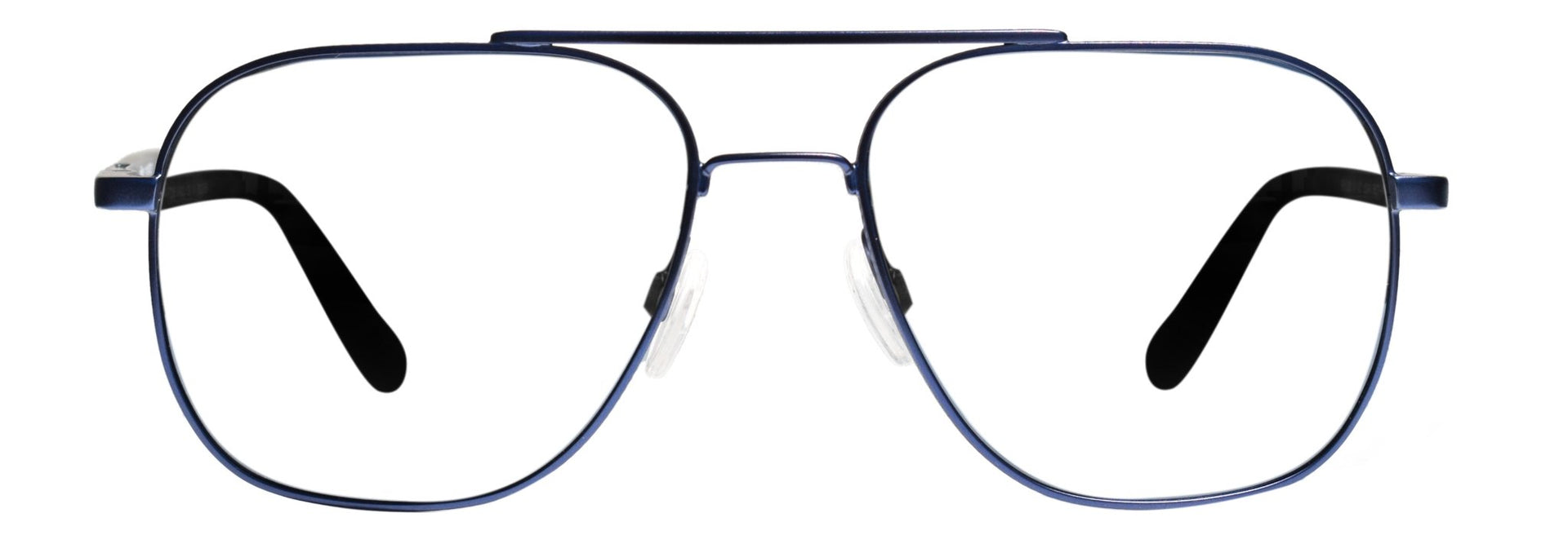 A pair of blue metal full-frame optical glasses.