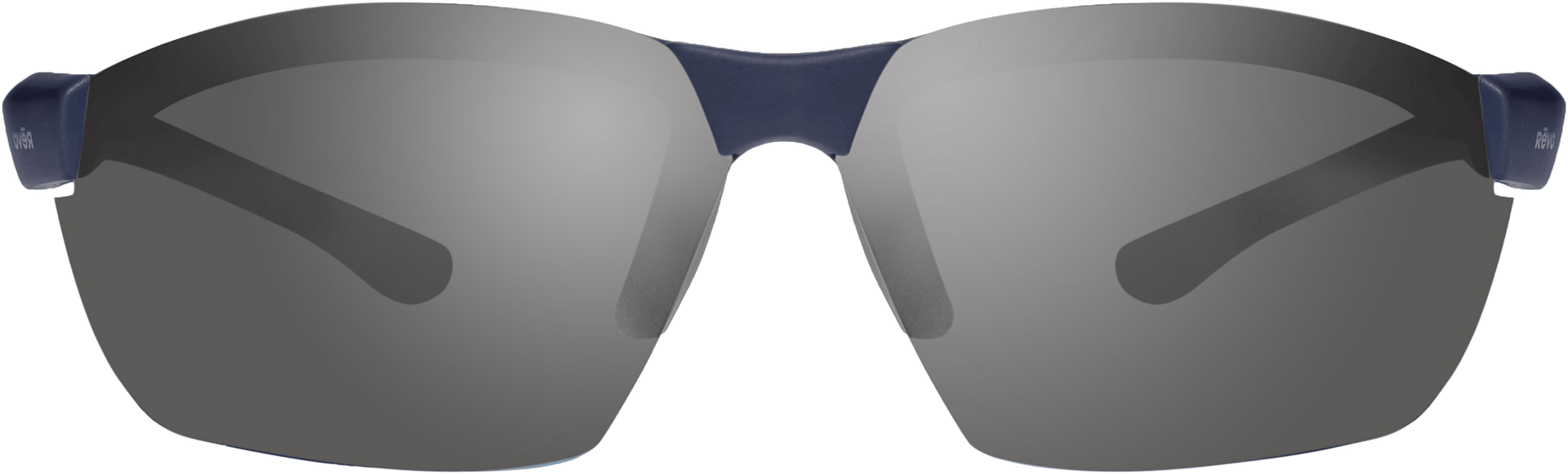 Semi-rimless sports wrap sunglasses with gray lenses and blue frame.