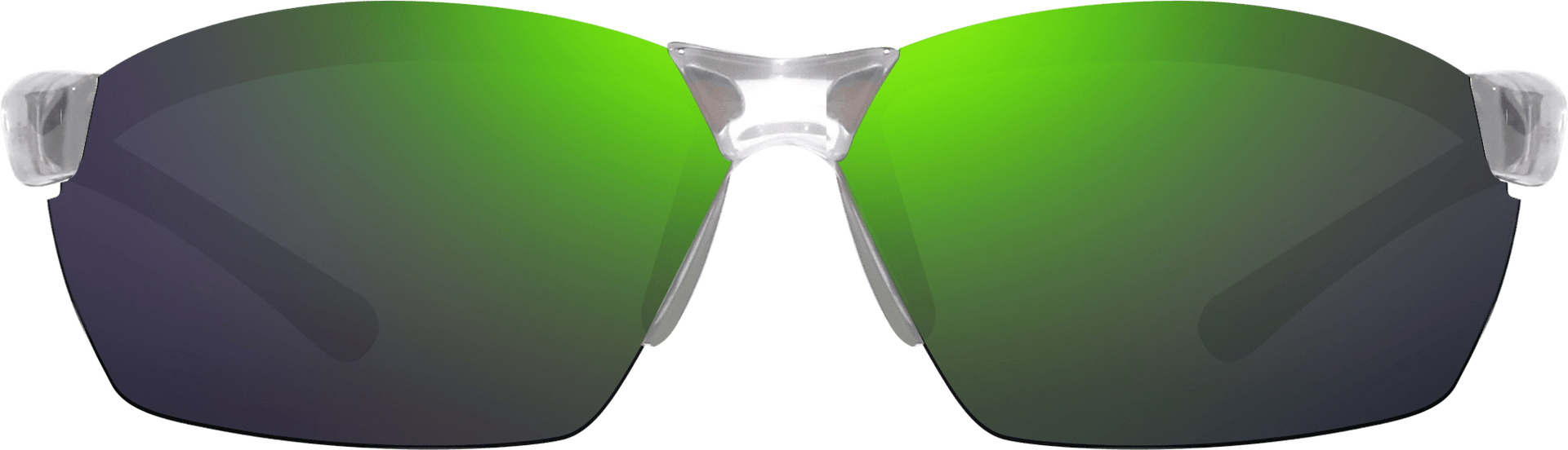 Semi-rimless sports wrap sunglasses with green lenses and white frame.