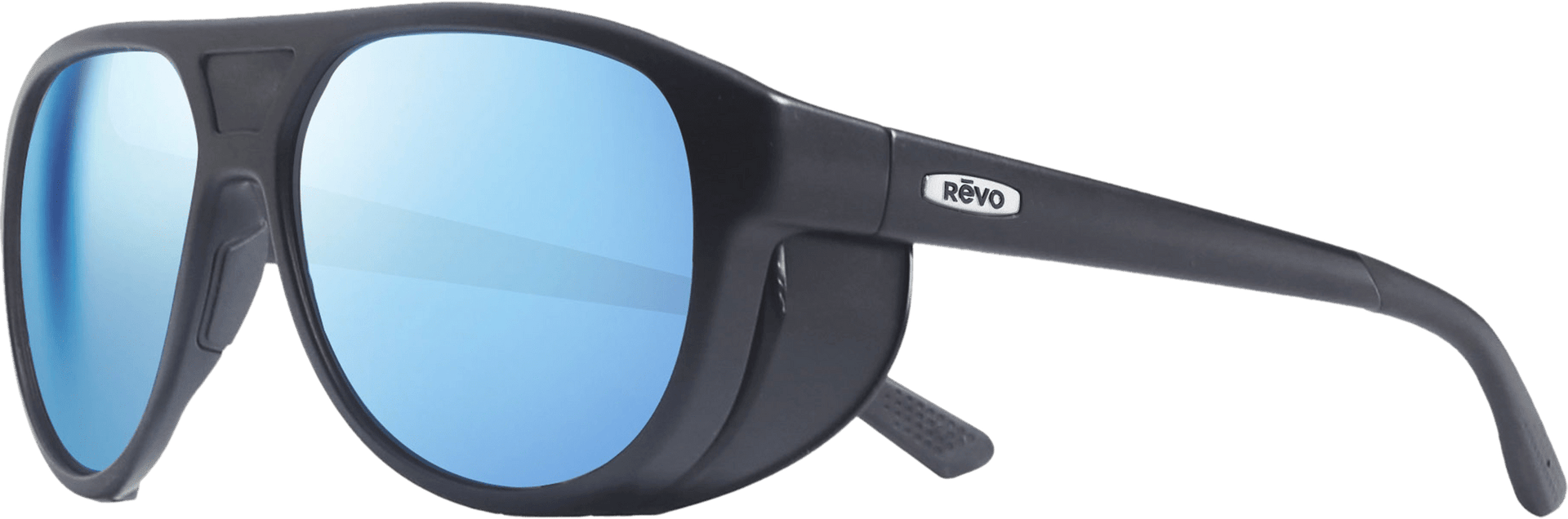 Side view of a pair of blue aviator sunglasses with dark lenses and a plastic frame with side shields.