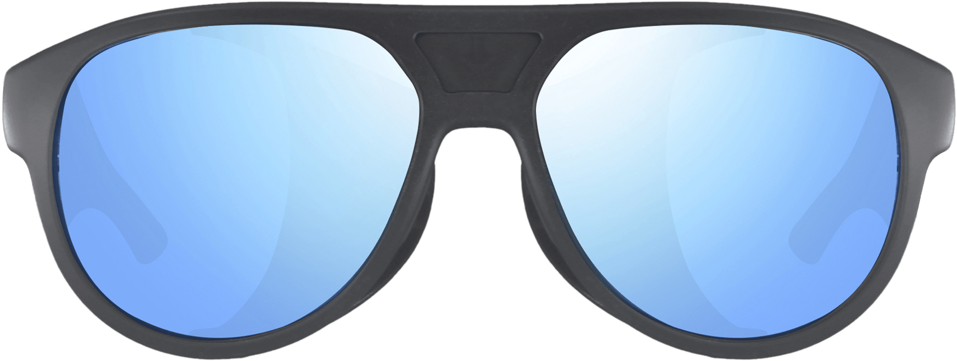 A pair of blue aviator sunglasses with dark lenses and a plastic frame.