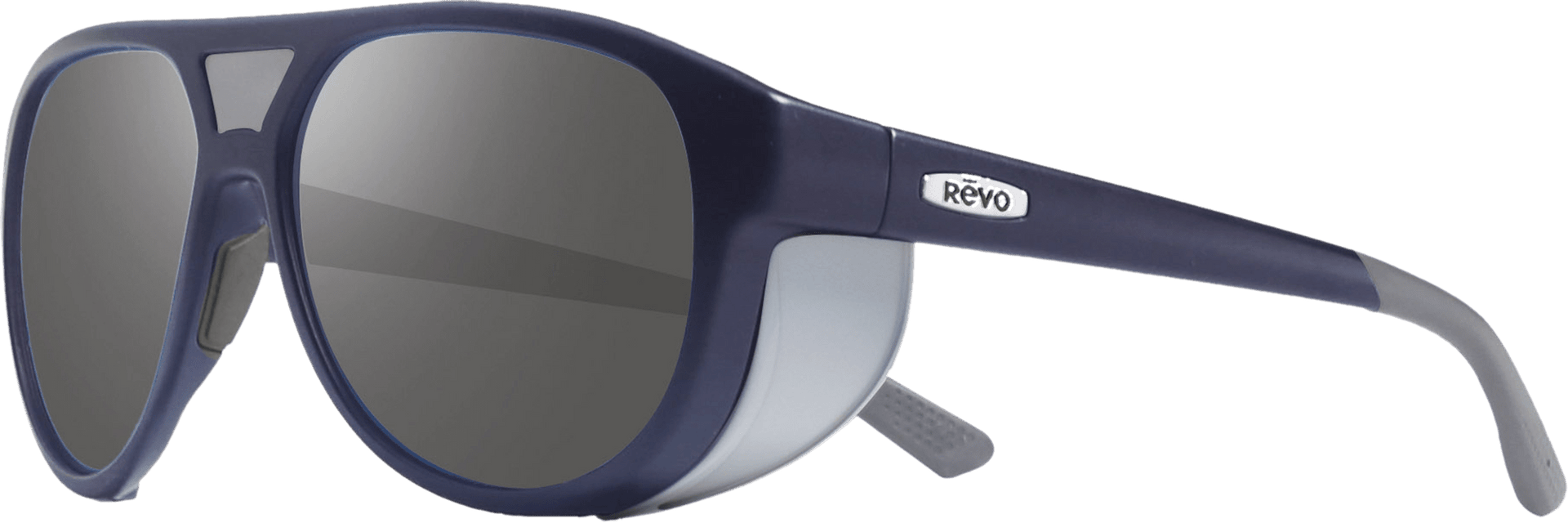 Side view of a pair of blue aviator sunglasses with dark lenses and a plastic frame with side shields.