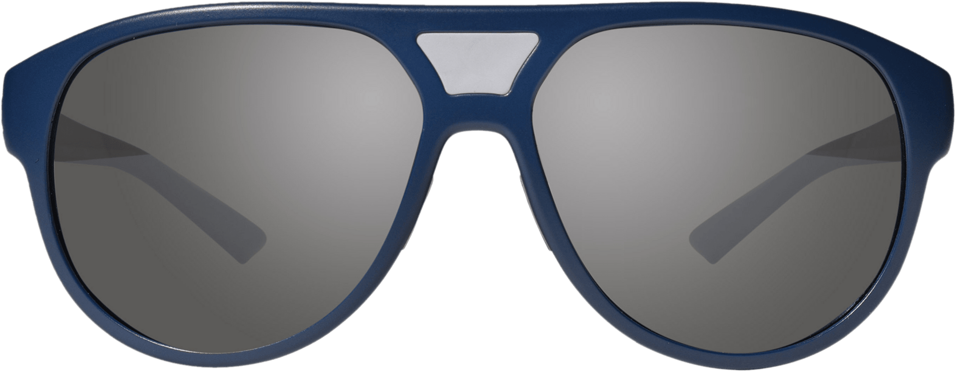 A pair of blue aviator sunglasses with dark lenses and a plastic frame.