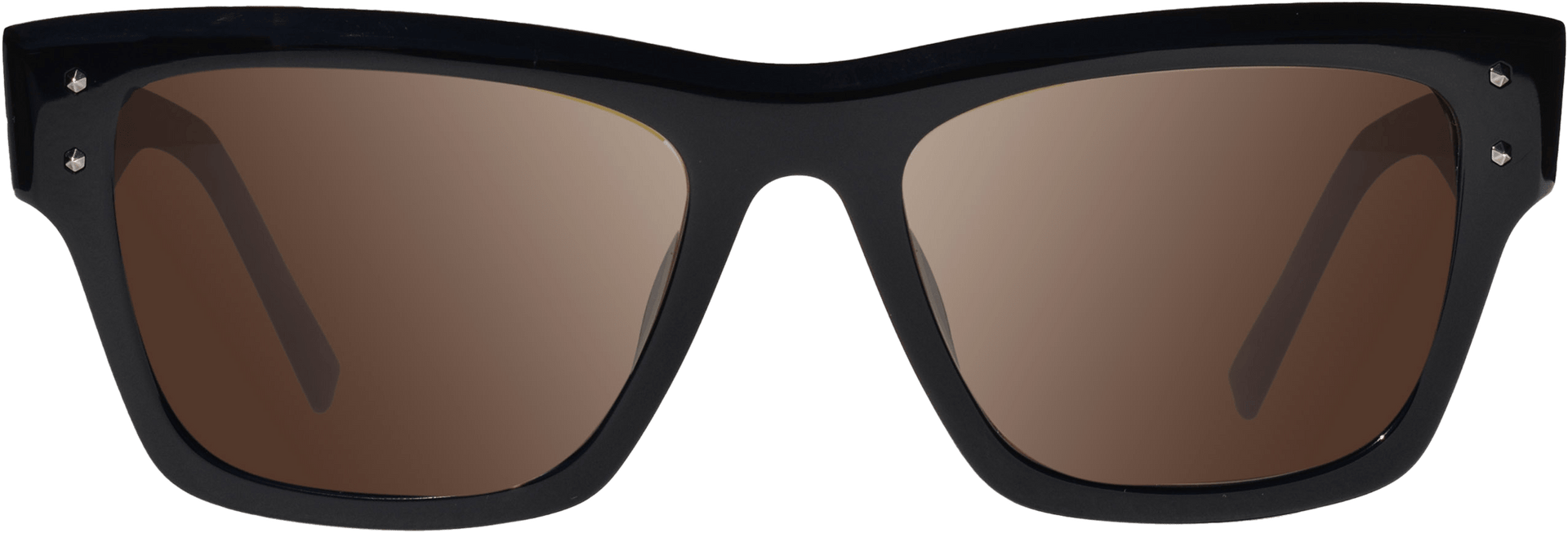 A pair of sunglasses with a geometric angular silhouette, featuring a black frame and brown polarized lenses.