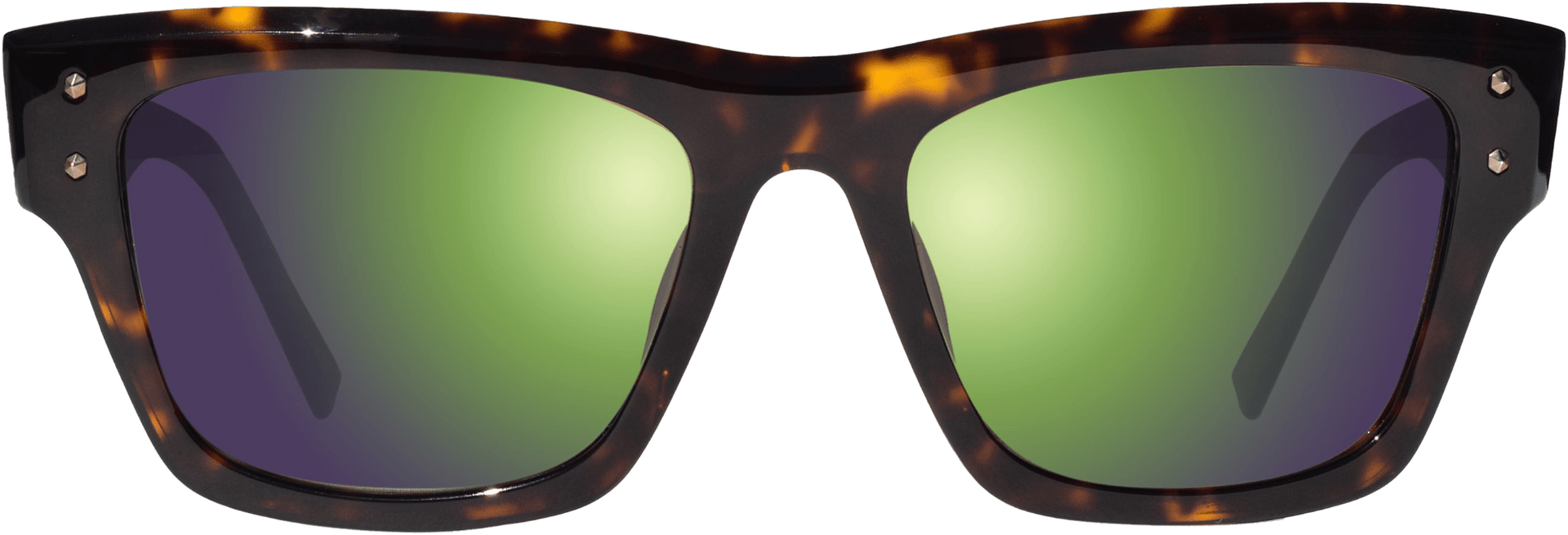 A pair of sunglasses with a geometric angular silhouette, featuring a tortoise frame and green polarized lenses.