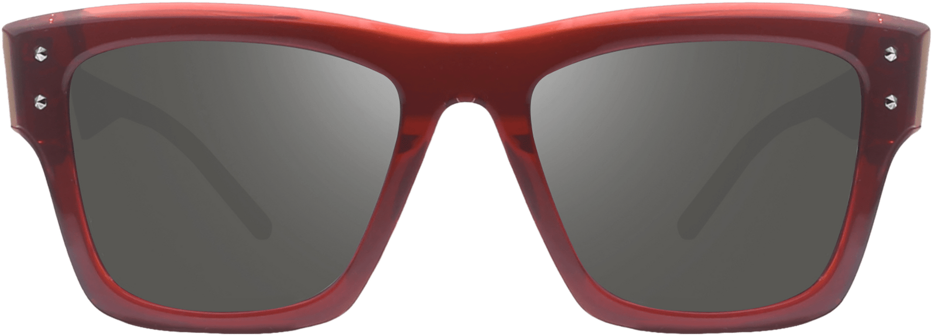 A pair of sunglasses with a geometric angular silhouette, featuring a red frame and gray polarized lenses.