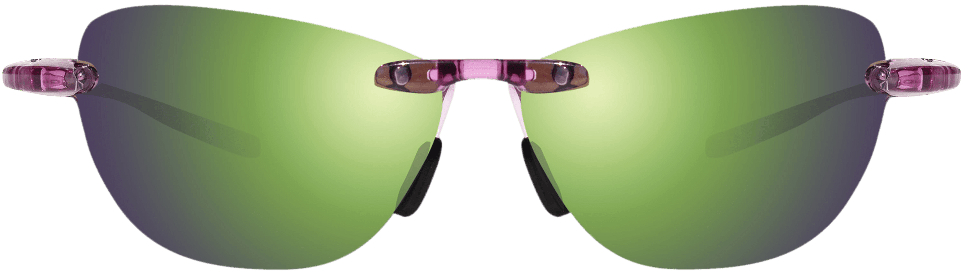 A pair of rimless sunglasses with green polarized lenses and a metallic frame.