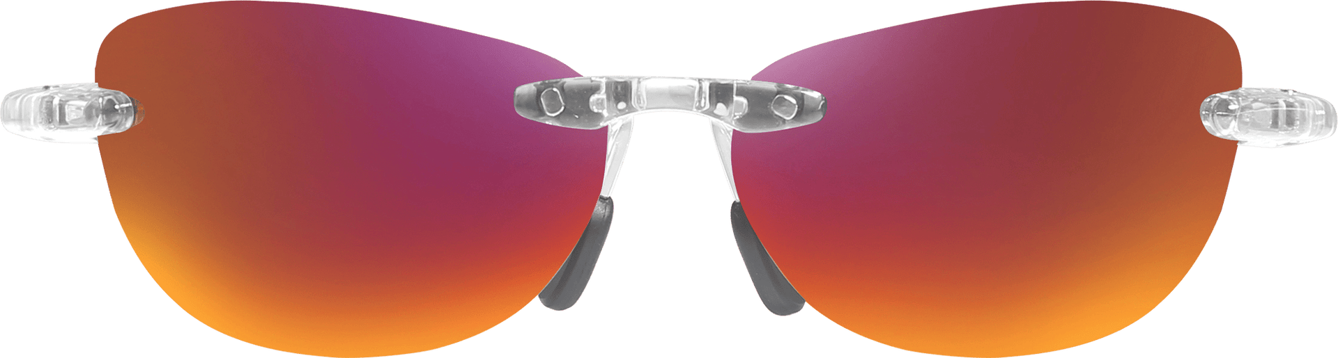 A pair of rimless sunglasses with orange to blue gradient polarized lenses and a metallic frame.