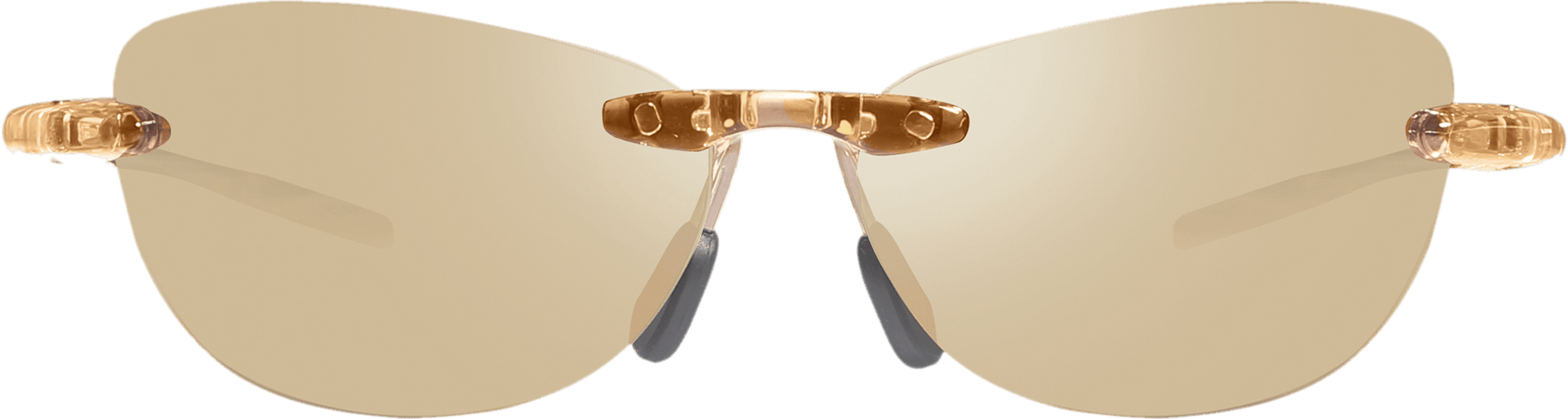 A pair of rimless sunglasses with champagne polarized lenses and a metallic frame.