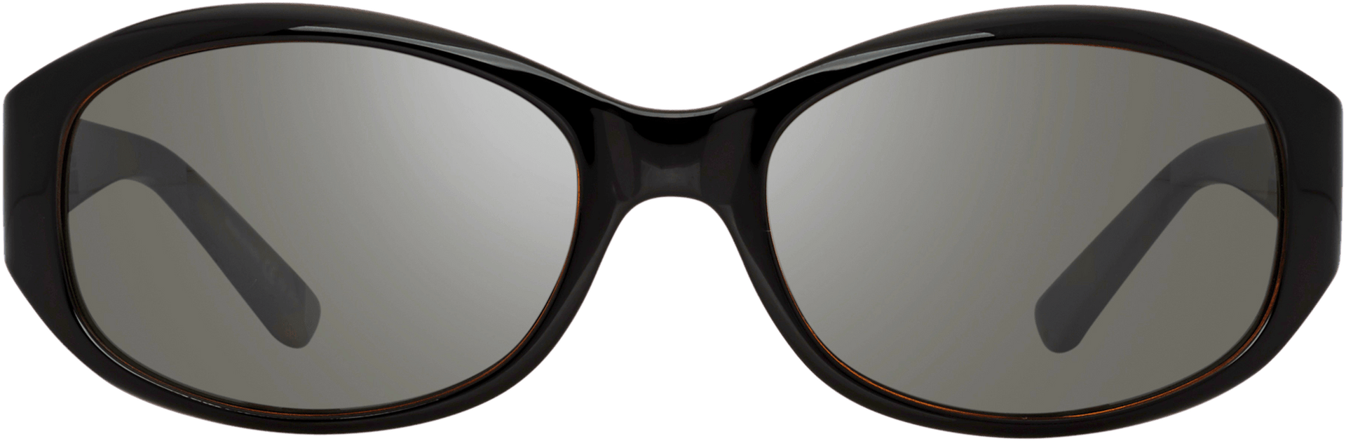A pair of sunglasses with a black frame and gray polarized lenses.