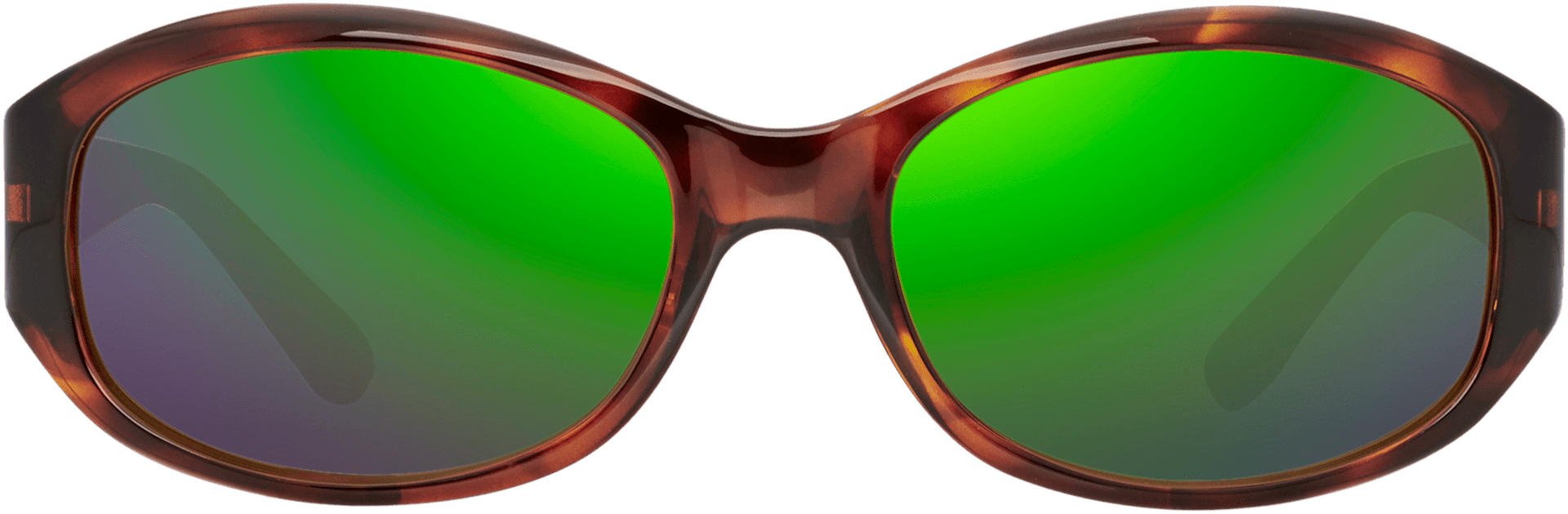 A pair of sunglasses with a brown frame and green polarized lenses.