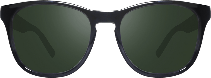 Dark navy acetate sunglasses with dark green crystal glass lenses.
