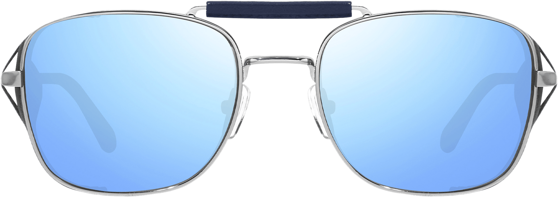 A pair of Crafted Revo sunglasses with a square silhouette, featuring blue polarized lenses and stitched leather accents.