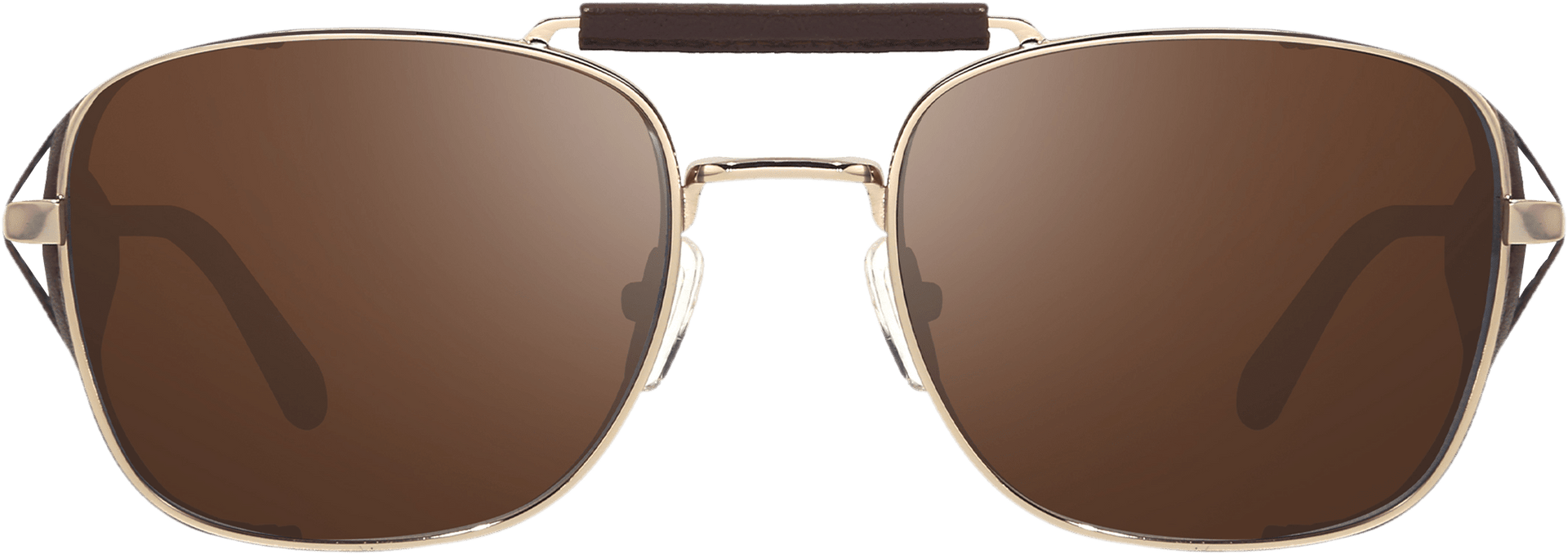 A pair of Crafted Revo sunglasses with a square silhouette, featuring brown polarized lenses and stitched leather accents.