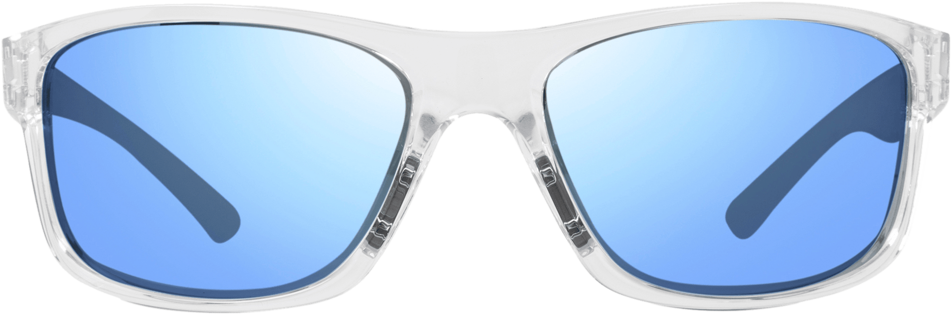 A pair of sunglasses with a wrap-around frame design and blue lenses.
