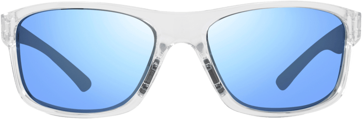 A pair of sunglasses with a wrap-around frame design and blue lenses.
