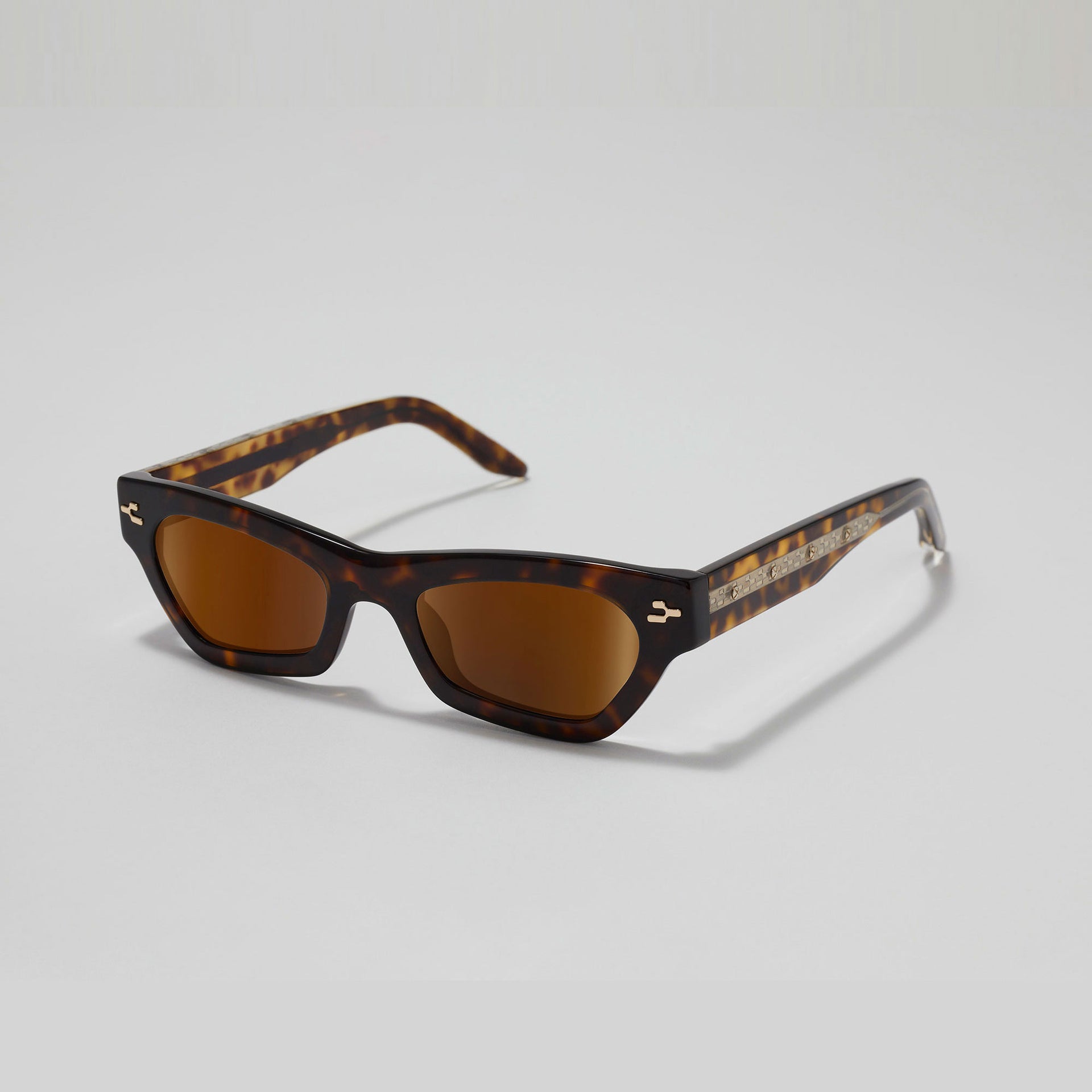 Sunglasses with tortoiseshell frame and brown lenses on a light gray background