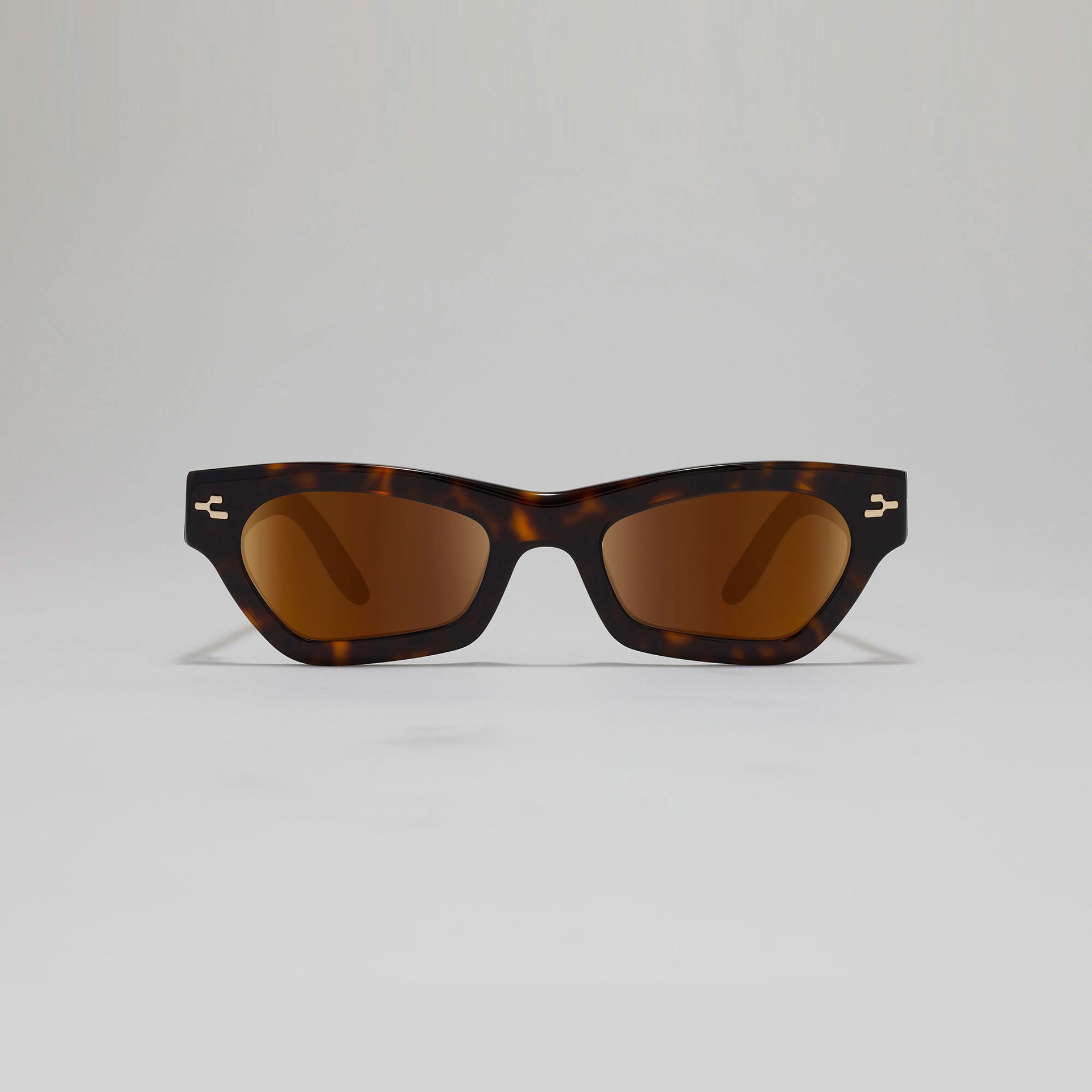 Sunglasses with tortoiseshell frame and brown lenses on a light gray background