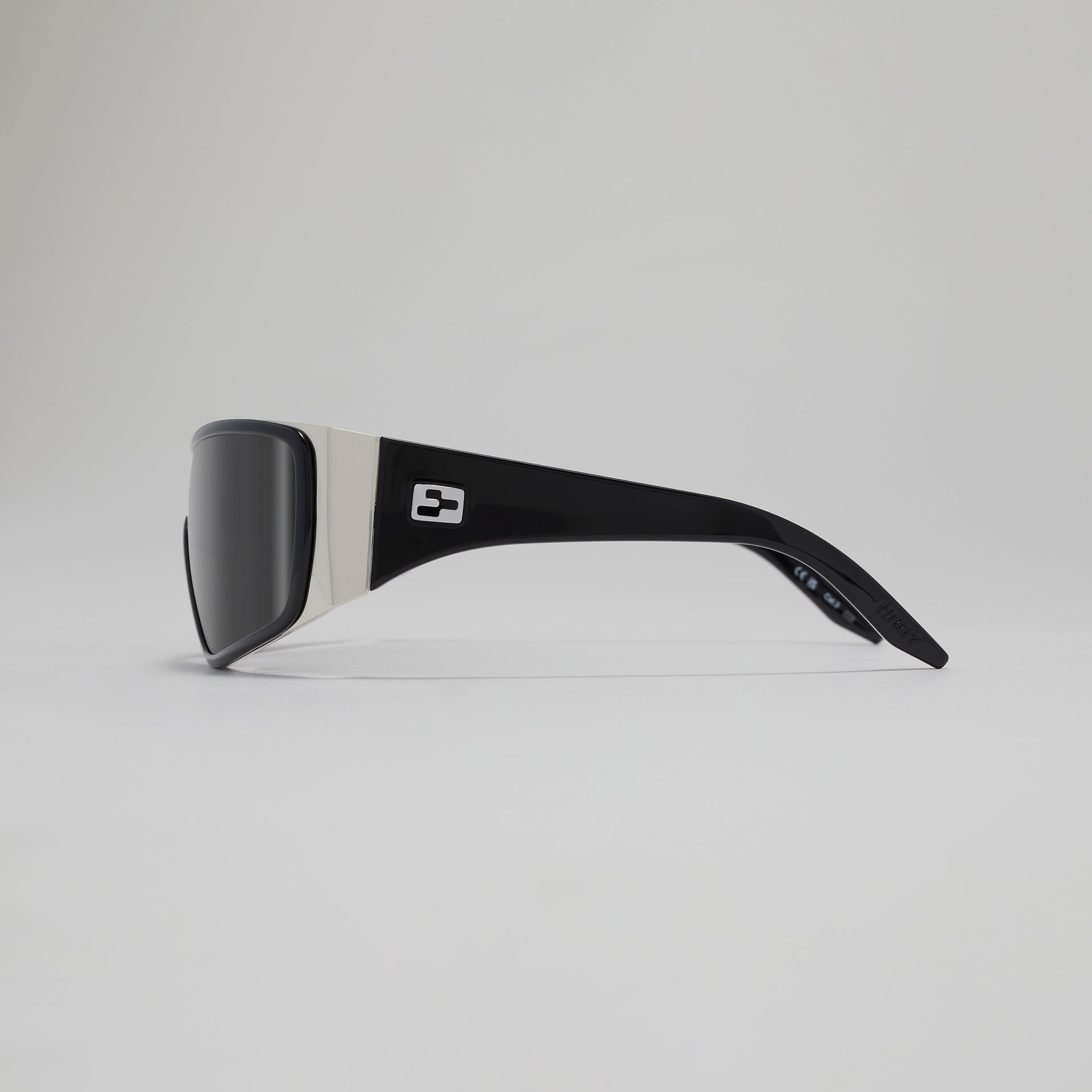 Black sunglasses with a logo on a light gray background