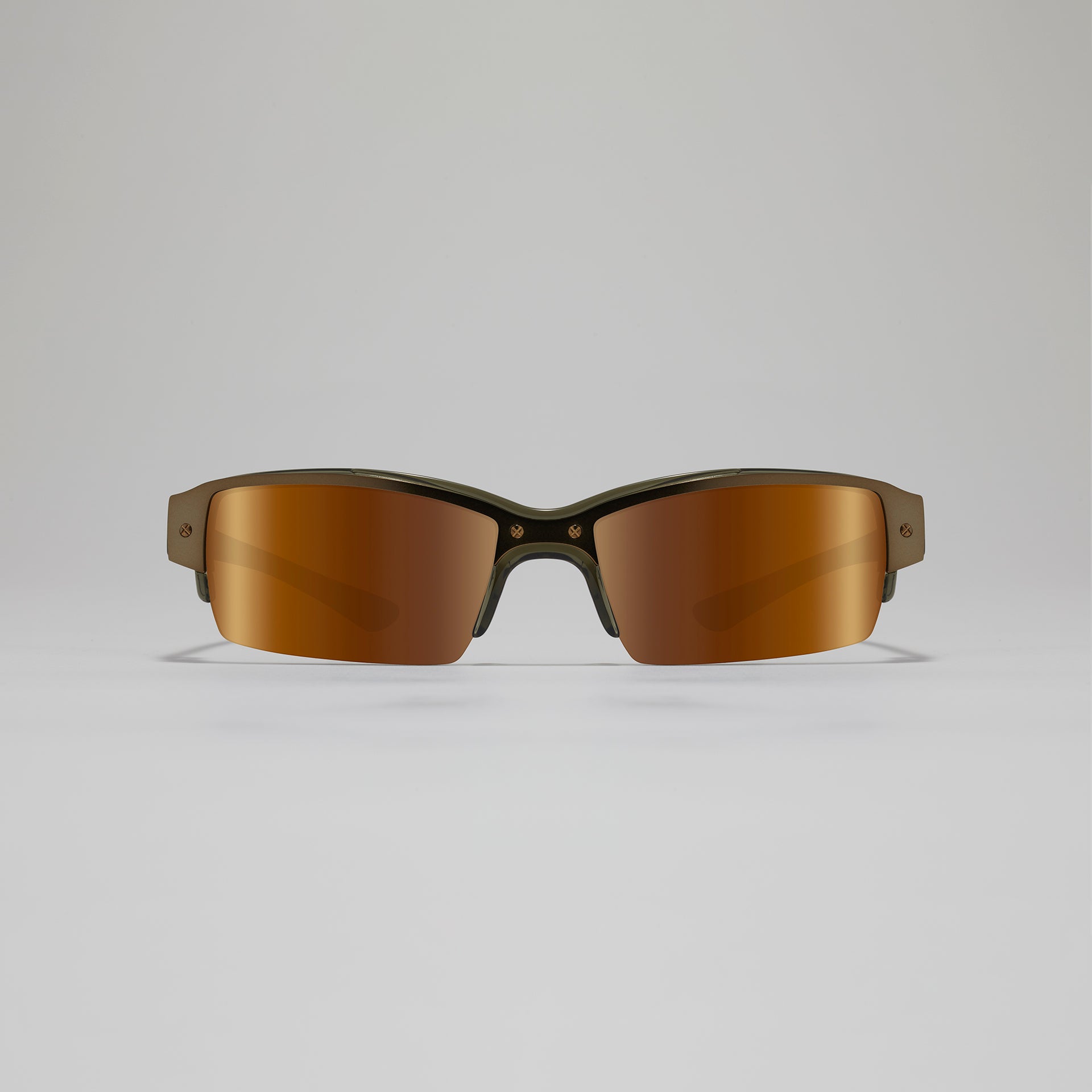 Sunglasses with brown lenses and black frame on a light gray background