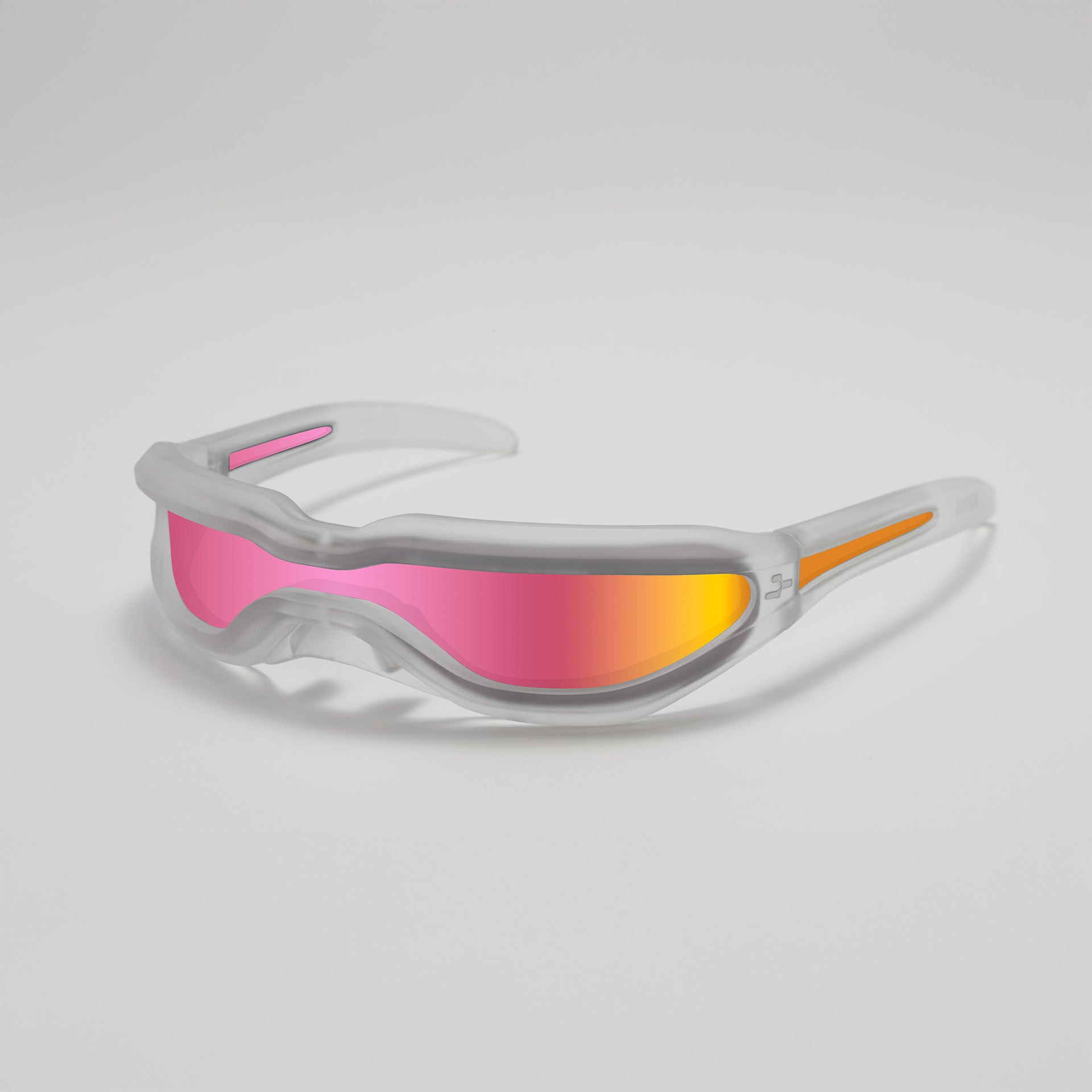 Sunglasses with pink and orange lenses on a light gray background