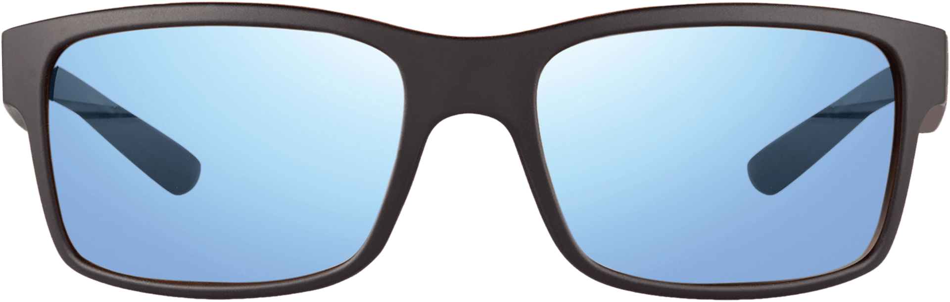 A pair of sunglasses with a black frame and blue polarized lenses.
