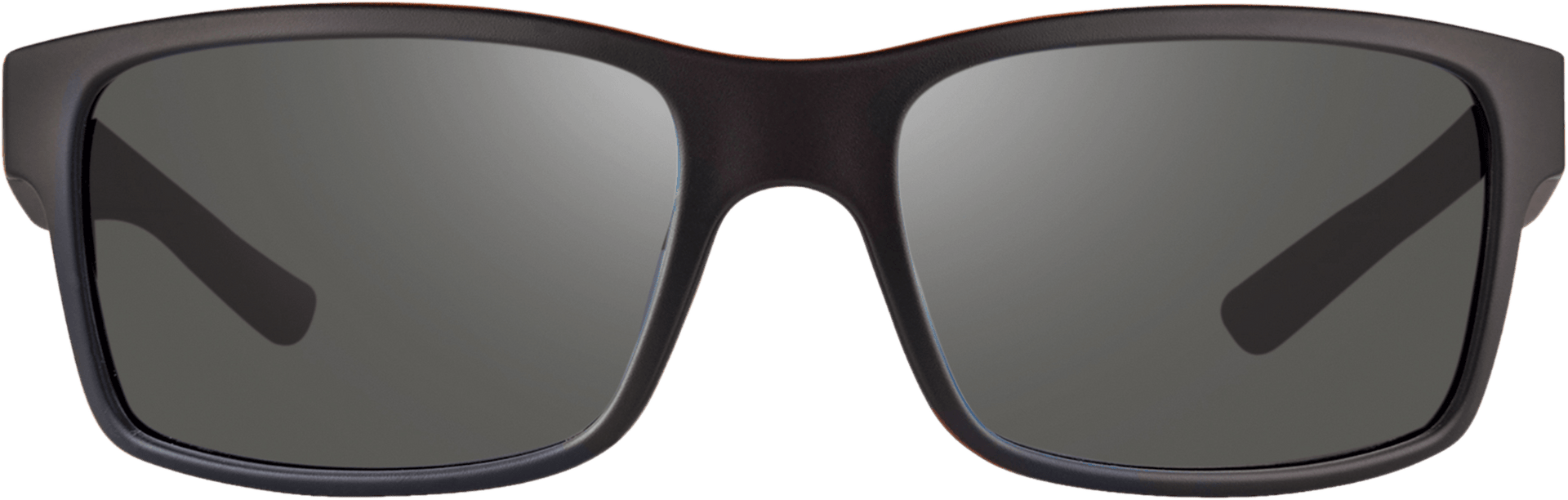 A pair of sunglasses with a black frame and gray polarized lenses.