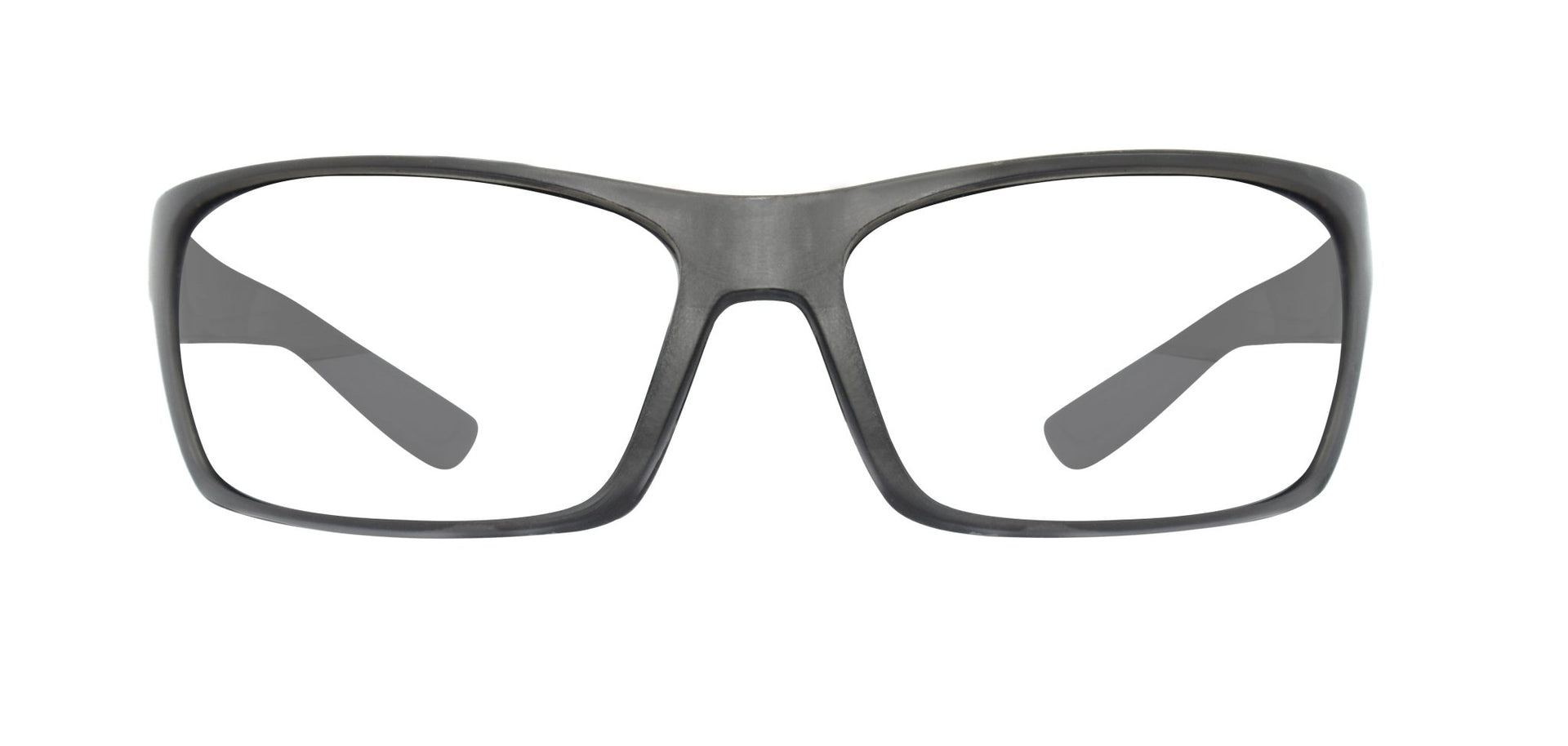 A pair of black square-shaped eyeglass frames viewed from the front.