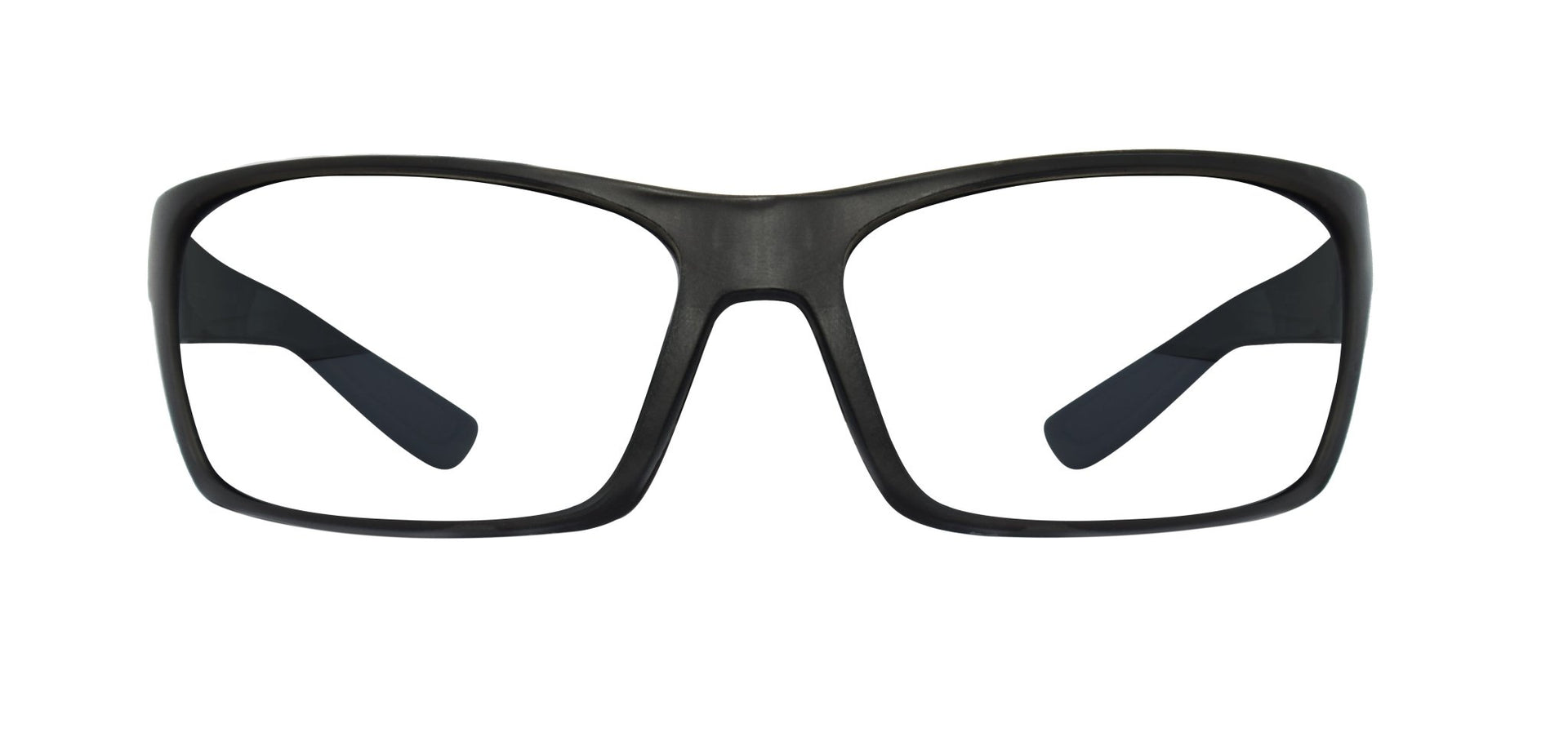 A pair of black square-shaped eyeglass frames viewed from the front.