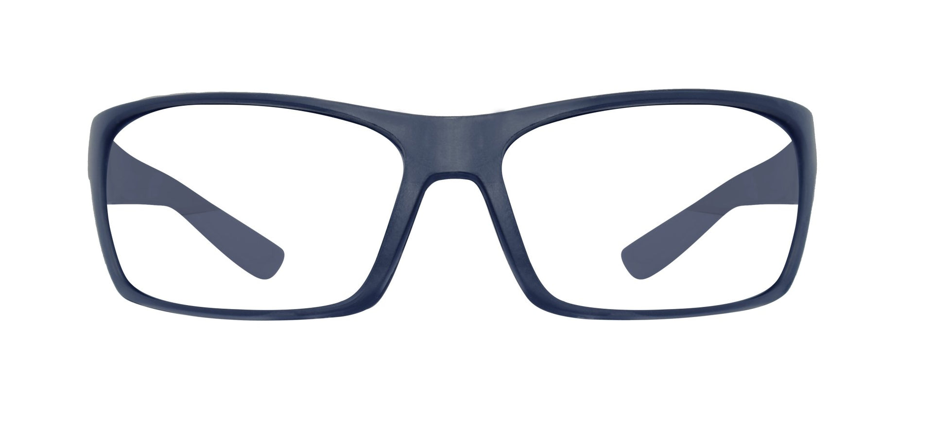 A pair of blue square-shaped eyeglass frames viewed from the front.