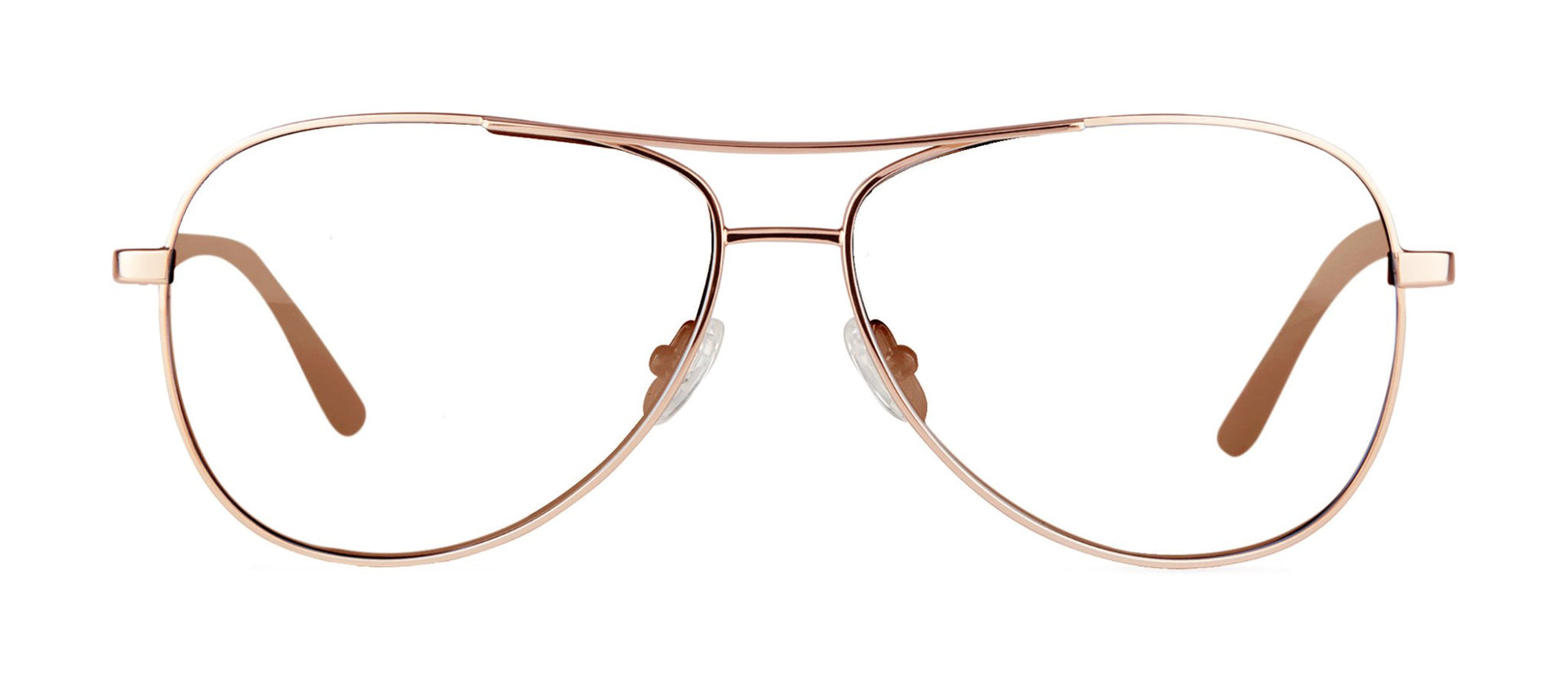 A pair of rose gold aviator-style eyeglasses with a metal frame.