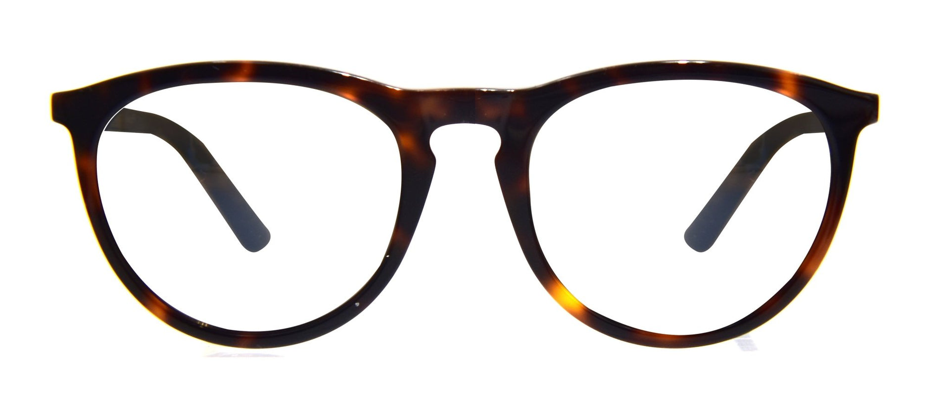 A pair of eyeglasses with a tortoiseshell pattern frame.