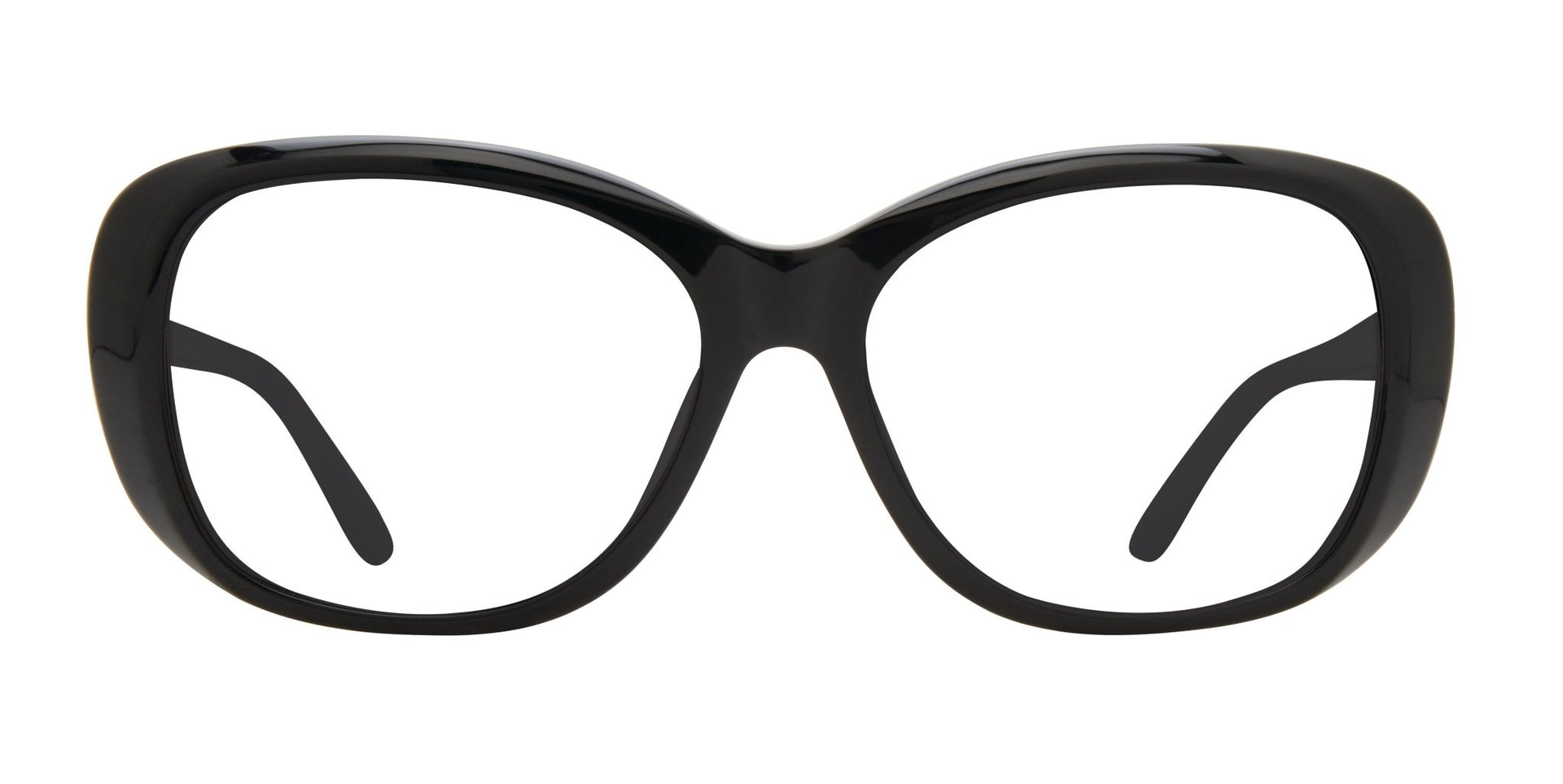 A pair of black, full frame eyeglasses with a simple design.