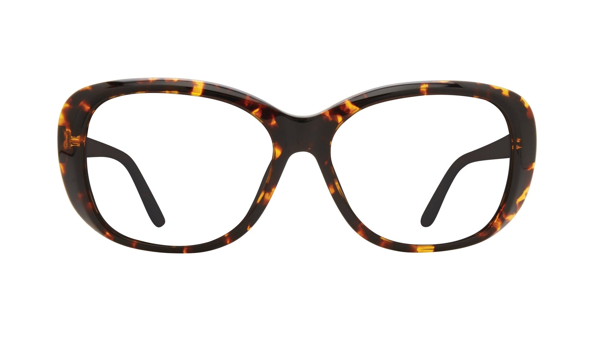 A pair of full frame eyeglasses with a tortoise design.