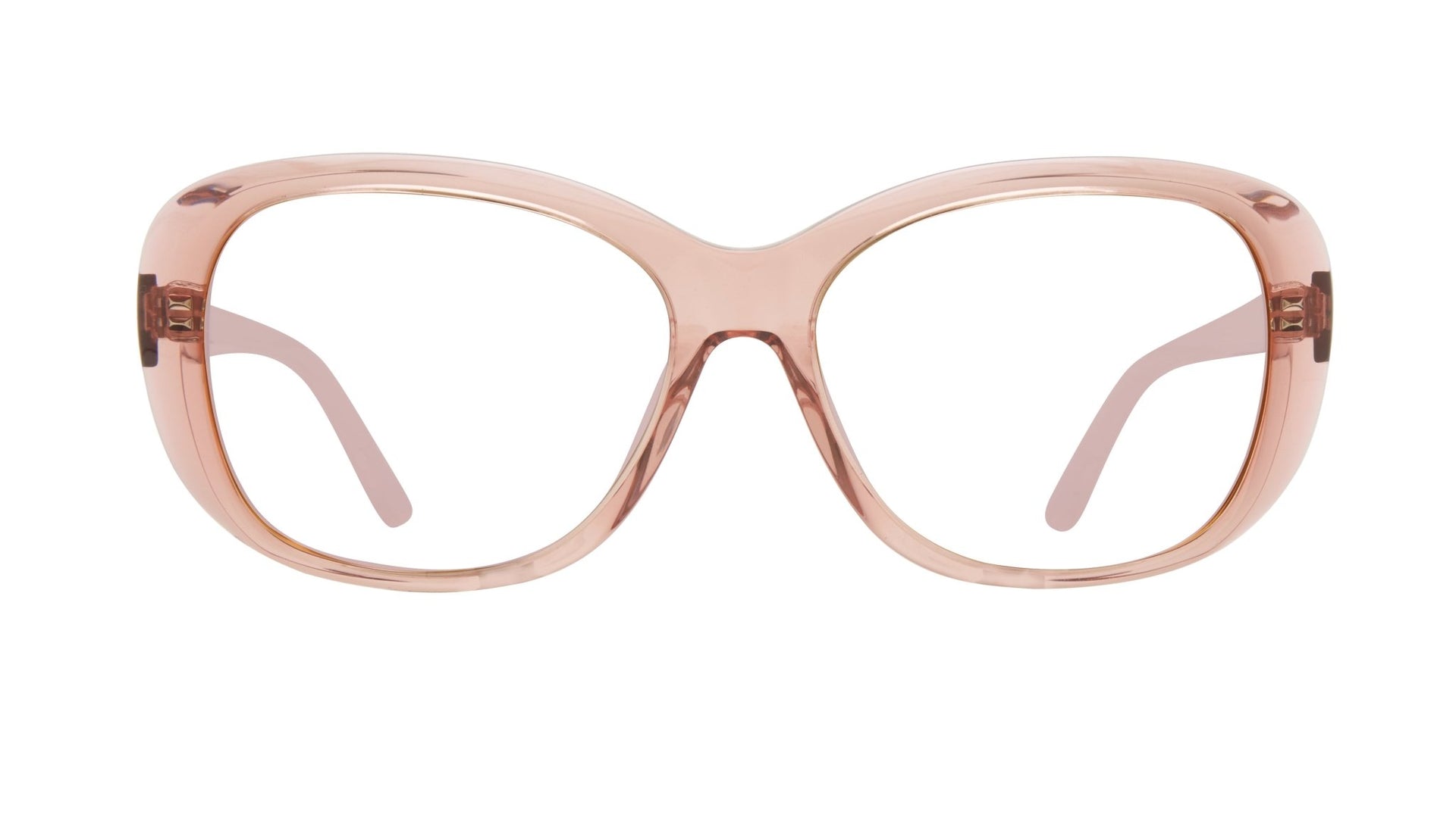 A pair of pink, full frame eyeglasses with a simple design.