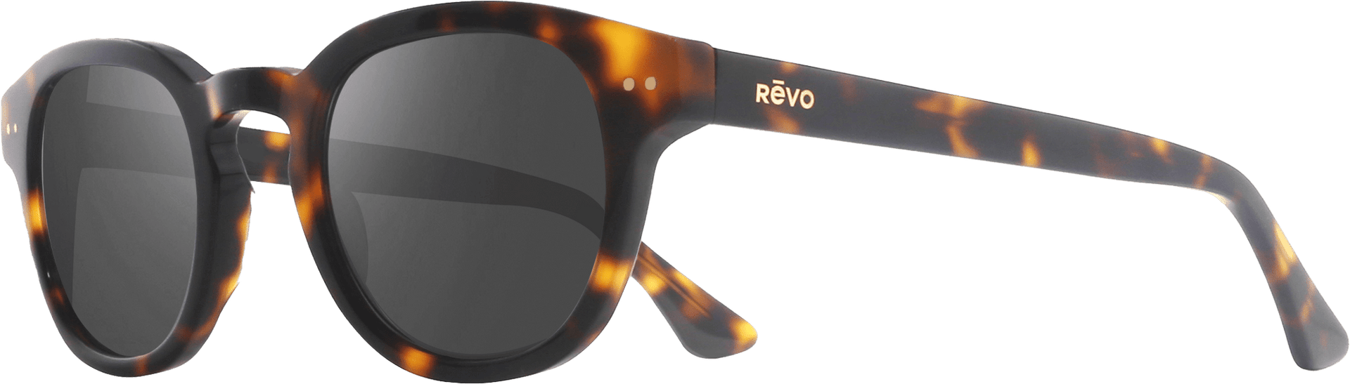 Revo sunglasses with tortoiseshell frame and dark lenses on a white background