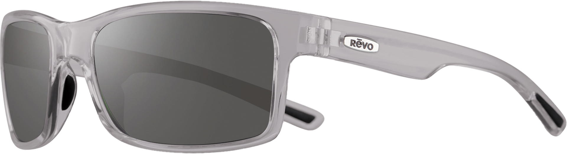 Gray sunglasses with a visible brand logo on a clear background