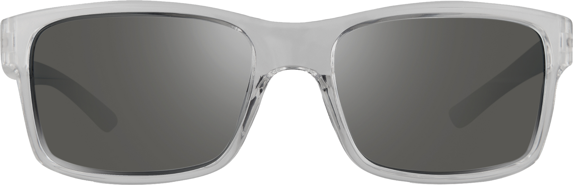 Sunglasses with a clear frame and dark lenses on a white background