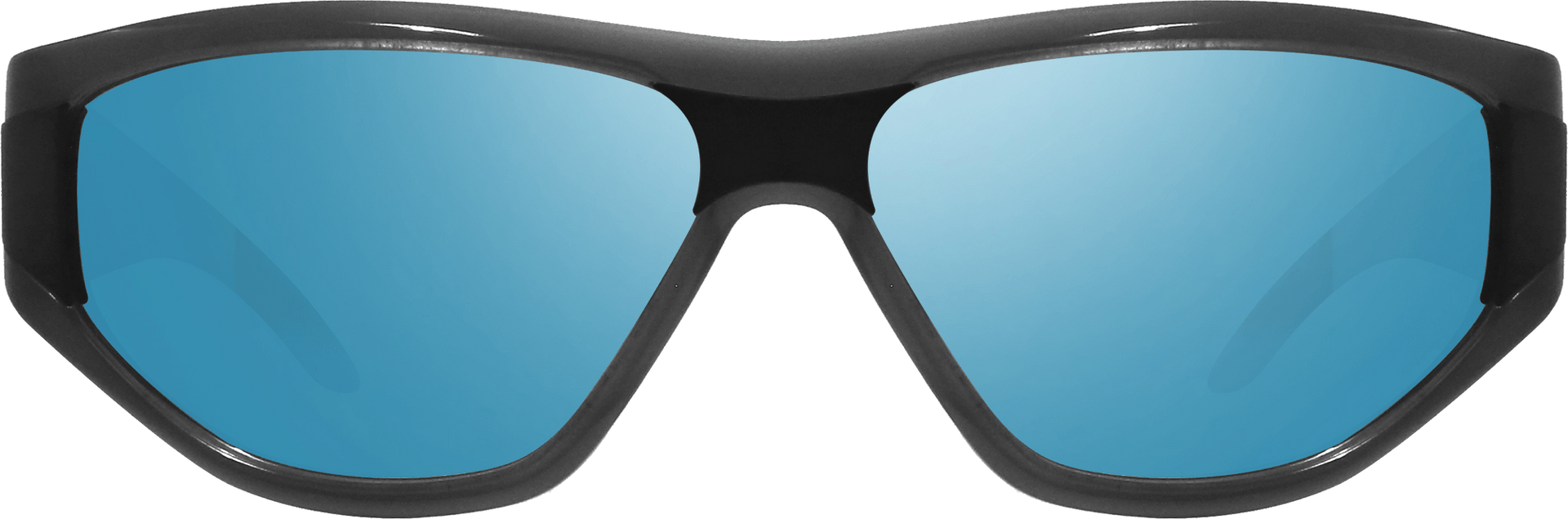 Black-framed sunglasses with blue lenses on a transparent background
