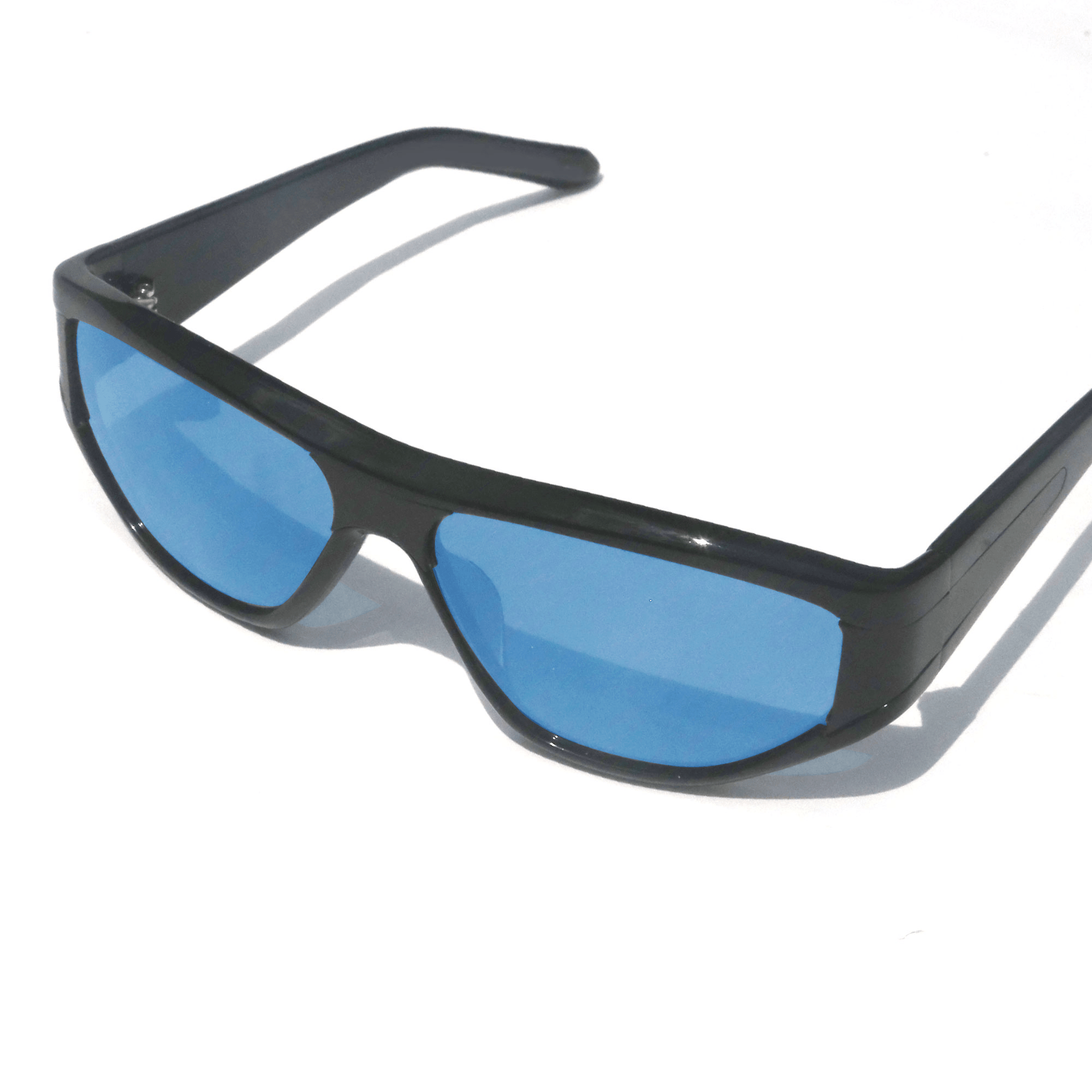 Black-framed sunglasses with blue lenses on a white background