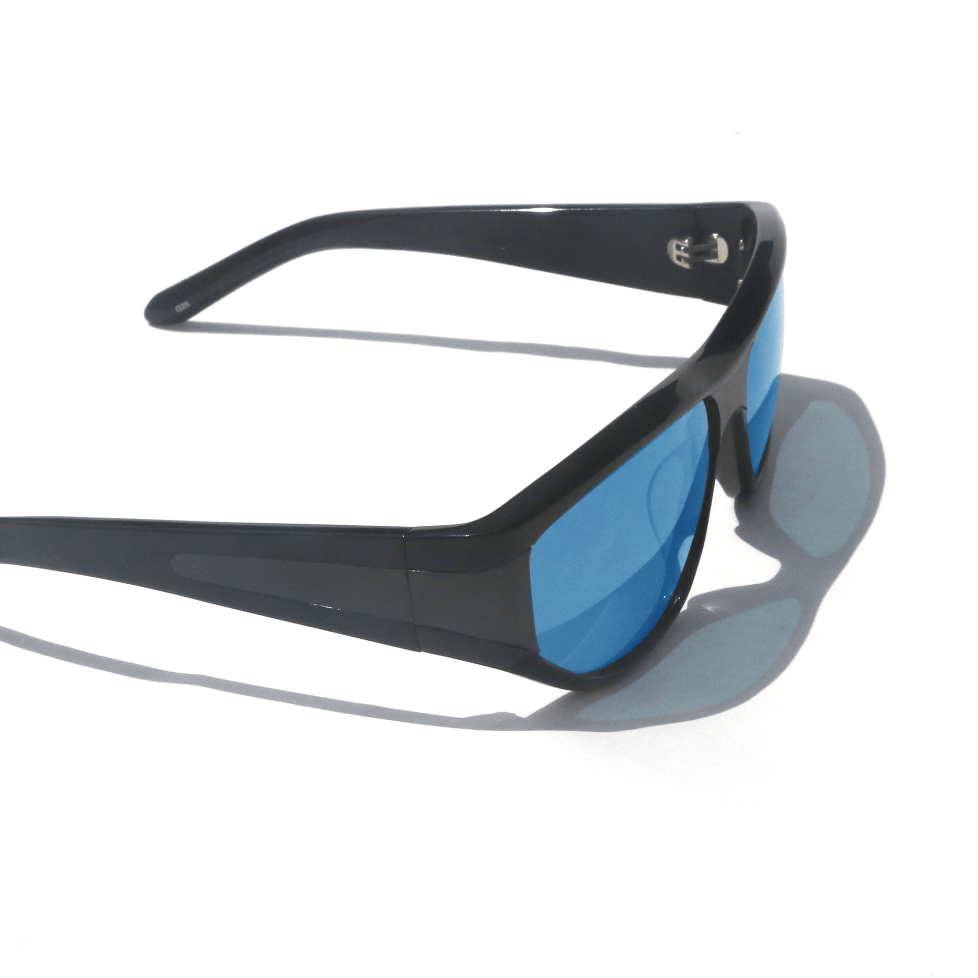 Black sunglasses with blue lenses on a white background