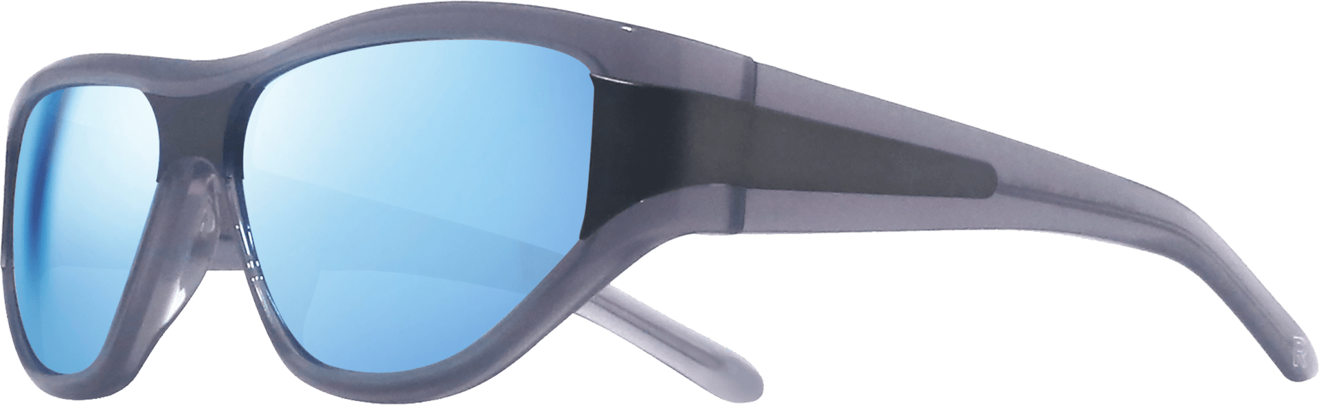 Sunglasses with blue reflective lenses and gray frame on a white background