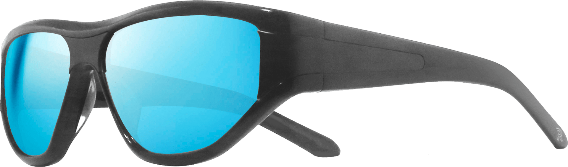 Black sunglasses with blue lenses on a white background