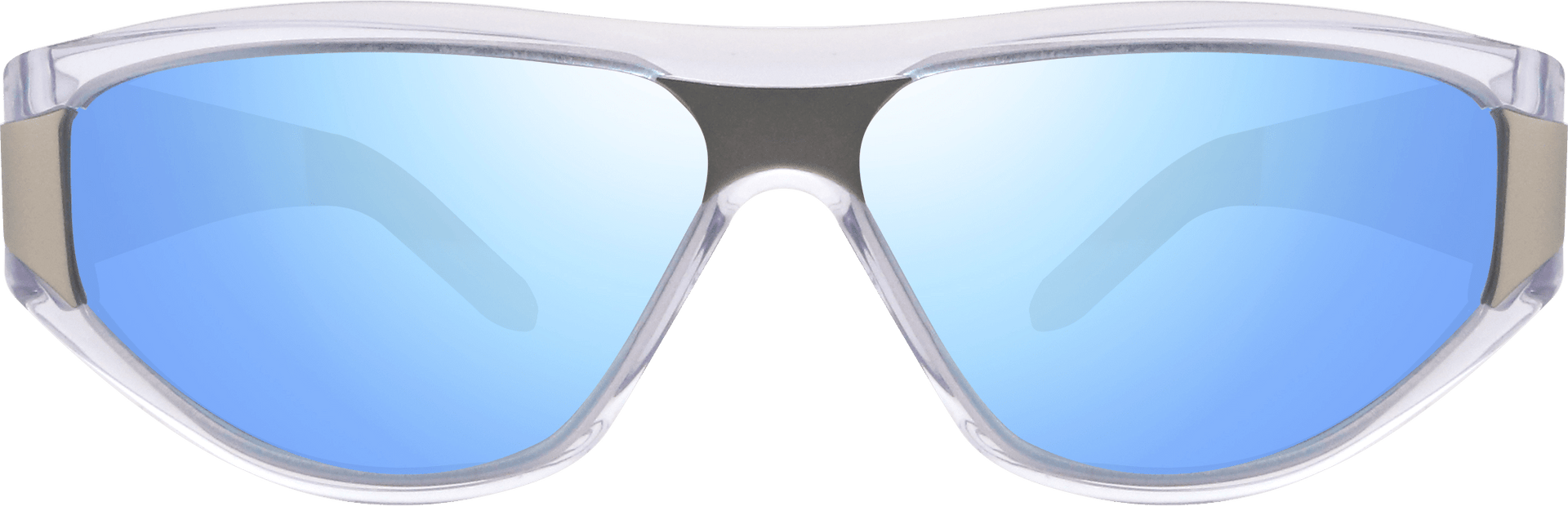 Sunglasses with blue lenses and clear frame on a white background