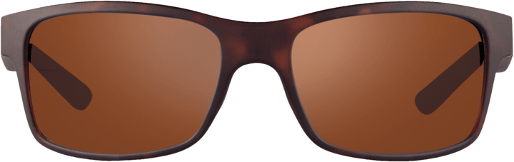 A pair of brown polarized sunglasses with a wraparound design.